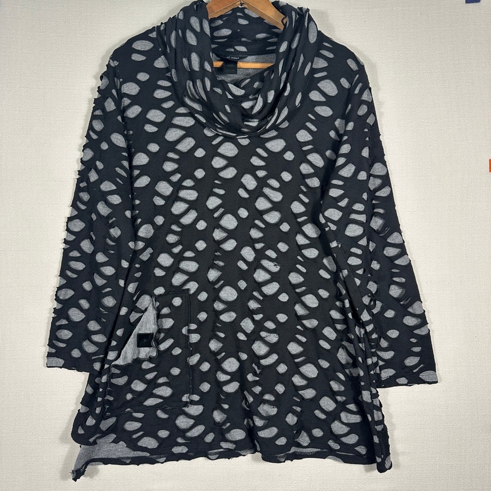 Ali Miles Tunic Top Womens XL Black Grey Cowl Neck Distressed Layered